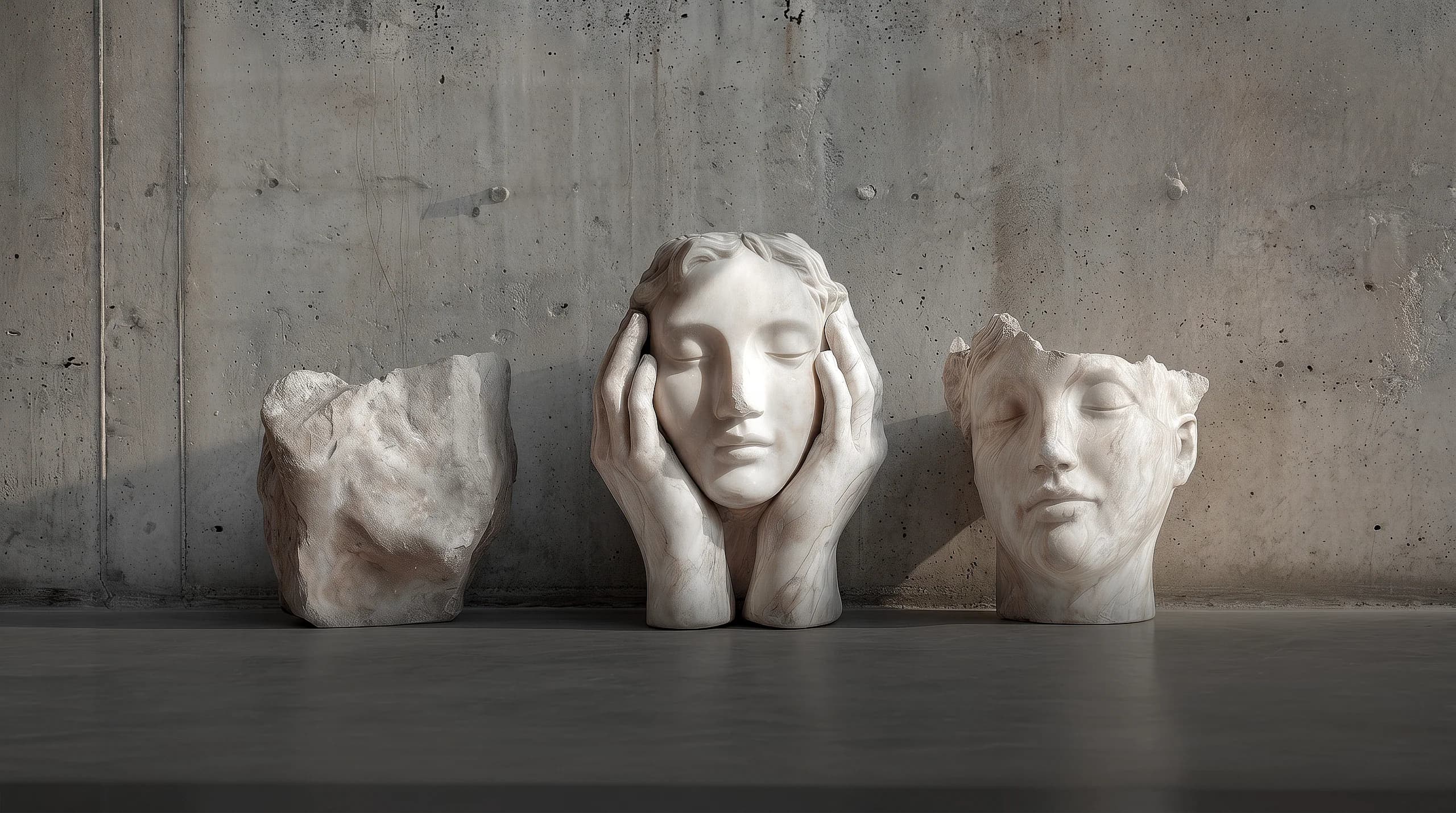 Three marble forms — a cradled face flanked by carved stone — against concrete.